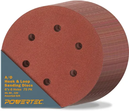 Vista 16 de POWERTEC Grano 40, paquete de 25, discos de lijado de 6 pulgadas – Gancho y bucle, almohadillas de lijadora orbital de óxido de aluminio de 6