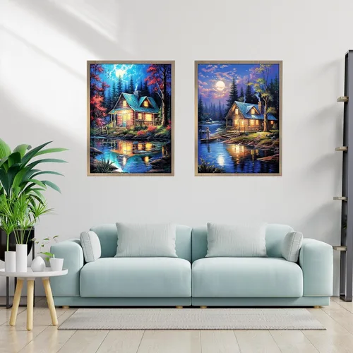 Vista 5 de YOYA Paquete de 2 Kits de Pintura de Diamantes de Cabaña de Troncos para Adultos, Kits de Arte de Diamantes 5D de Cabaña del Lago para Adultos, Kit