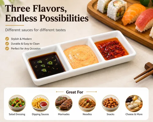 Vista 7 de Healeved Juego de 2 bandejas de cerámica para servir aperitivos, 3 compartimentos, platos divididos rectangulares para salsa de soja, condimentos