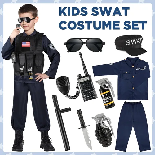 Vista 3 de Luucio SWAT - Disfraz de oficial de policía para niños, disfraz de policía para niños, fiesta de Halloween, kit de juego de rol para niños y niñas