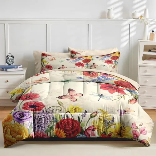 Vista 2 de Nesker Juego de edredón de primavera de 5 piezas, tamaño individual, juego de ropa de cama floral con mariposas para niños y adultos, juego