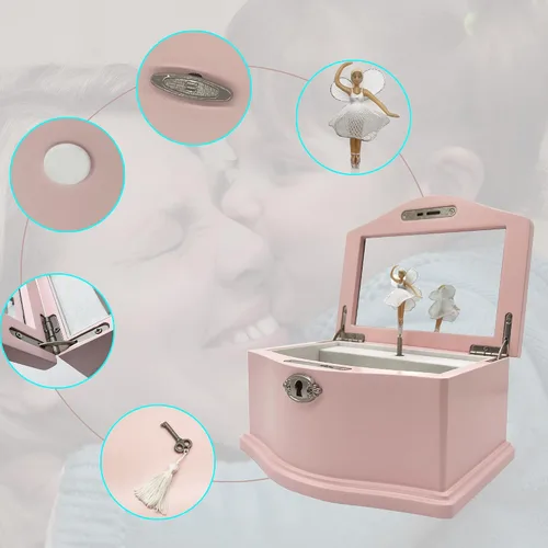 Vista 3 de Jozen Gift Caja de joyería musical de bailarina rosa mediana y hucha de metal para niños Banco de dinero para niños (plata) para niños