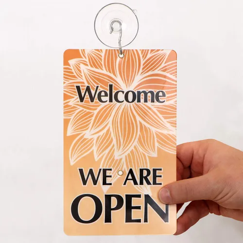 Vista 5 de SmartSign Letrero de reloj de dos caras con texto en inglés "We Will Be Back - Welcome We are Open", plástico de 7.75 x 4.75 pulgadas 4.75" x 7.75
