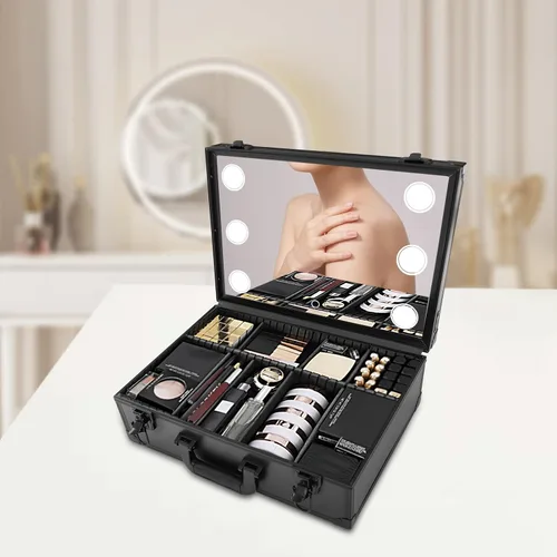 Vista 4 de Estuche de tren de maquillaje, organizador portátil de cosméticos de maquillaje de belleza, Negro2, Portátil