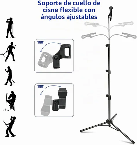 Vista 3 de Soporte para Micrófono, Soportes de Micrófono de Brazo Trípode con Cuello de Cisne, Soporte de Micrófono de Altura Ajustable de 24" a 67" con 2
