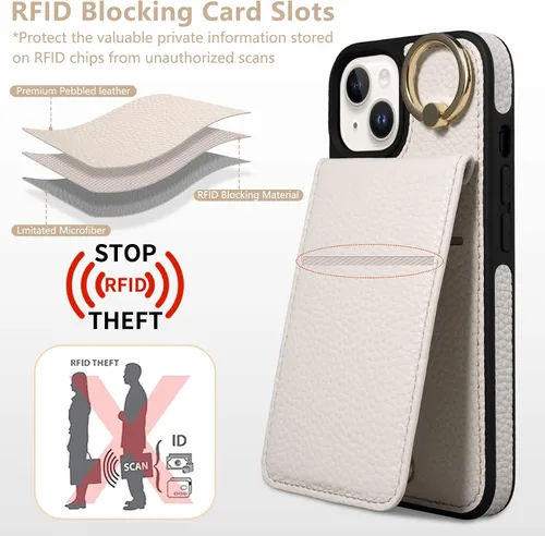 Vista 4 de Funda para iPhone 14 de 6.1'', Funda Cartera Cruzada Desmontable con Ranuras para Tarjetas con Bloqueo RFID, Anillo de Soporte de 360°, Funda Beige