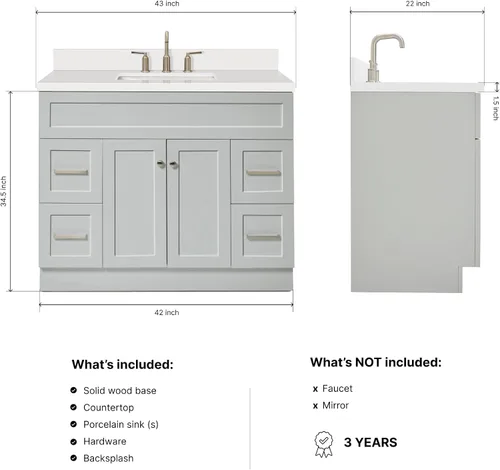 Vista 2 de ARIEL Hamlet - Mueble de baño de 42 pulgadas con fregadero, madera maciza, encimera y protector contra salpicaduras de cuarzo blanco puro de 1.5