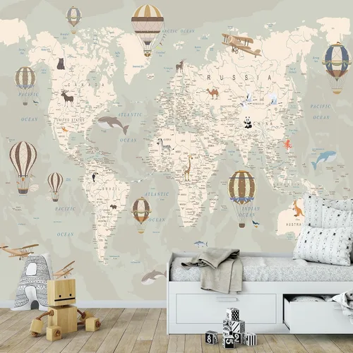 Vista 11 de Papel tapiz de mapa del mundo para niños con animales, calcomanías educativas para despegar y pegar, murales de guardería para bebés, niños