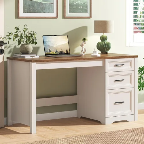 Vista 8 de Vabches Escritorio ejecutivo de granja con cajones, escritorio de oficina en casa con cajón de archivos, escritorio de madera para computadora