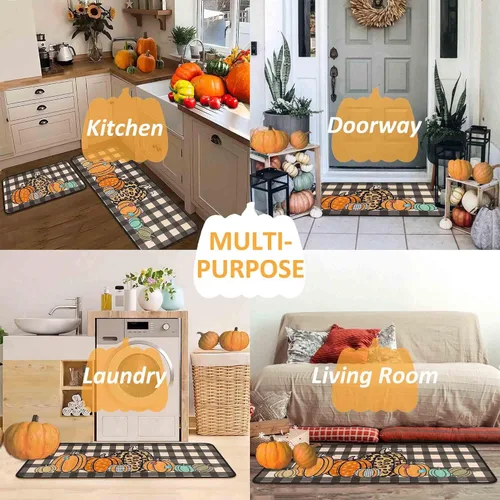 Vista 6 de Juego de 2 alfombras y tapetes de cocina de otoño, alfombras de cocina de Acción de Gracias, con respaldo antideslizante, decoraciones de otoño