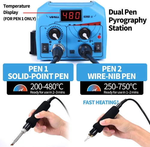 Vista 2 de YIHUA 939D-II Pluma de Pirografía Kit de Quema de Madera Estación 2-en-1 Punta Sólida 200~480°C (con Pantalla de Temperatura)/Punta de Alambre