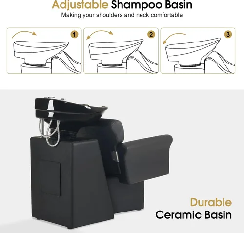 Vista 4 de BarberPub Silla de estación de champú negra para estilista, champú retrolavado de cerámica y juego de sillas para salón, salón en casa, barbería 9104