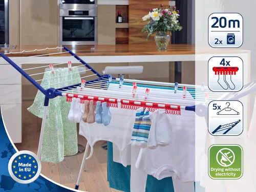 Vista 2 de Leifheit Pegasus 200 - Aireador de ropa de pie sólido con accesorios, perchero plegable para exteriores e interiores, 65.6 ft con 4 clips para secar