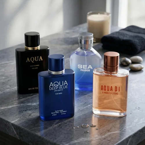 Vista 3 de Hybrid & Company 4 piezas Aqua Di Rinascita Lecno Sea Passion Aqua Deep Blue Aqua Prive Eau De Toilette vaporizador Natural Spray para hombre