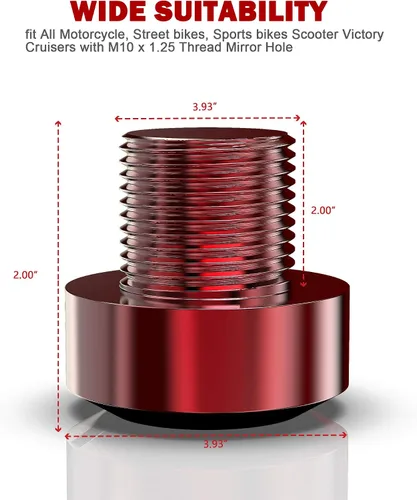 Vista 2 de MZS Tapones para agujeros para espejos de motocicleta, tapas universales CNC, color rojo, 4 piezas, M10 x 1.25 en sentido horario, compatible