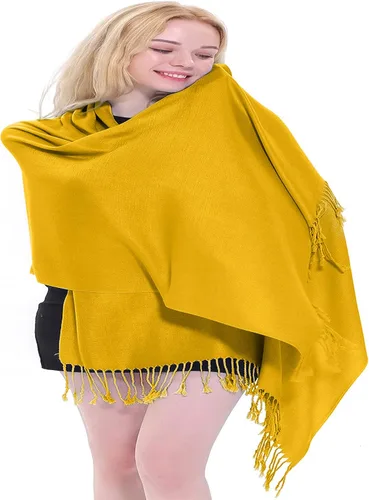 Vista 7 de CJ Apparel Solid Color Tassels Design Nepalese Shawl Seconds Scarf Wrap Stole Throw Head Wrap Pashmina Hand Made in Nepal Amarillo ámbar
