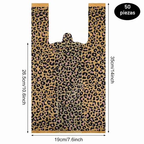 Vista 2 de Outus 50 bolsas de plástico con estampado de leopardo, estampado de guepardo, bolsas de regalo con doble impresión de leopardo, bolsa con asa