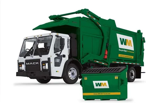 Vista 2 de First Gear WM Mack LR escala 1/34 con cargador frontal McNeilus Meridian y papelera