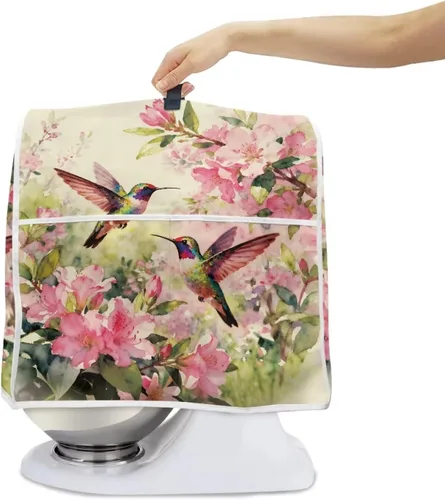 Vista 2 de Cubierta para mezclador de cocina con diseño de flores de pájaros, cubierta para procesador de alimentos con asa superior y bolsillo