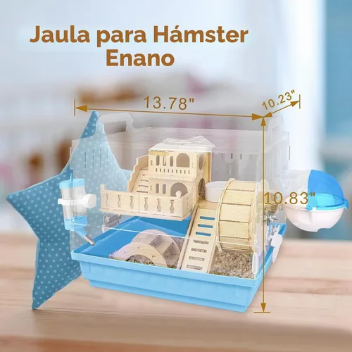 Vista 4 de Cycodo Jaula acrílica 8 en 1, jaula de hámster enano de 2 niveles con rueda y escondite de madera, hábitat de hámster pequeño con accesorios, casa