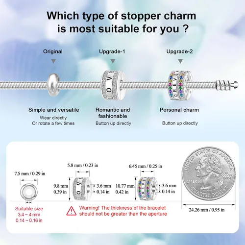 Vista 2 de DALARAN Cuentas de tapón para pulseras de plata de ley 925 con clip espaciador para pulsera