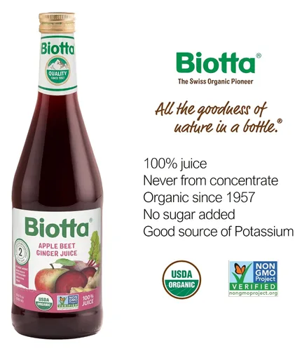 Vista 2 de Biotta Jugo de jengibre orgánico de remolacha y manzana, mezcla de superalimentos con jugo de remolacha orgánico, manzana y raíz de jengibre