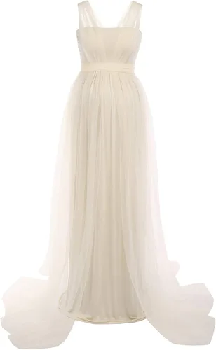 Vista 3 de Vestido de maternidad de manga larga con hombros descubiertos para mujer, de tul elegante, ajustado, para baby shower, fotografía, maxi vestido