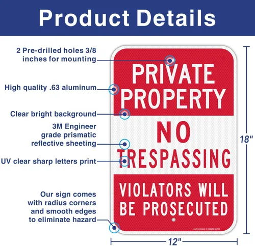 Vista 2 de Paquete de 2 señales de propiedad privada sin paso, violadores serán procesados, láminas reflectantes de grado ingeniero de 18 x 12 pulgadas