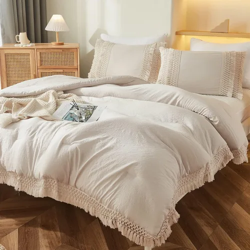 Vista 6 de Juego de 2 fundas de almohada con borlas, color gris crema, 100% microfibra lavada, funda de almohada con borlas hechas a mano beige, paquete de 2