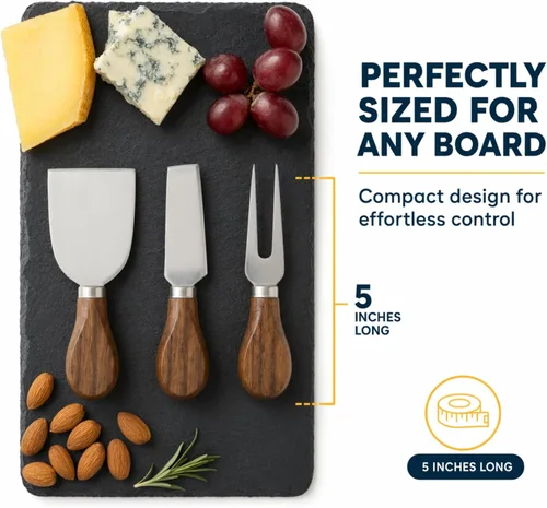 Vista 3 de Juego de cuchillos de queso de 3 piezas Acero inoxidable con asas de madera de acacia oscura Tenedor de queso, espátula y cuchillo esparcidor