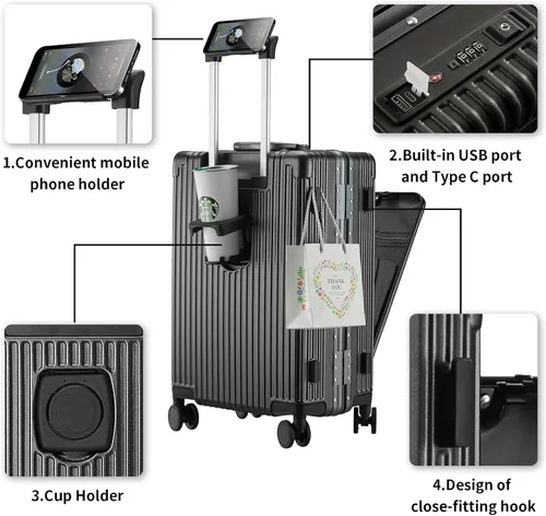 Vista 3 de CAARANY Maleta de mano versátil con marco de aluminio con puerto de carga USB, compartimento frontal, bloqueo TSA, maleta rígida aprobada por