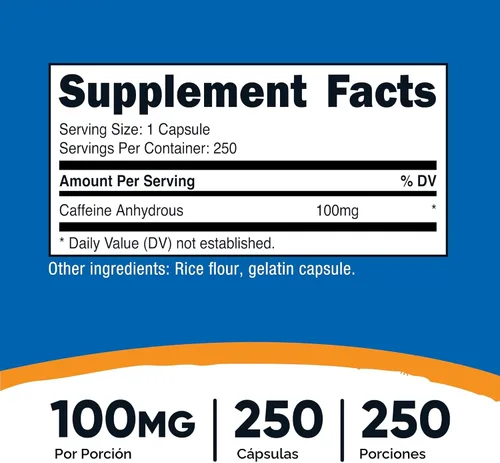 Vista 2 de Nutricost Pastillas de cafeína 100 mg por porción, 250 cápsulas