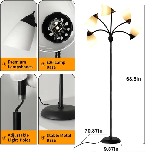 Vista 10 de DLLT - Lámpara de pie moderna para habitación: 5 luces flexibles de cuello de cisne negro lámparas de pie para sala de estar, dormitorio, hogar