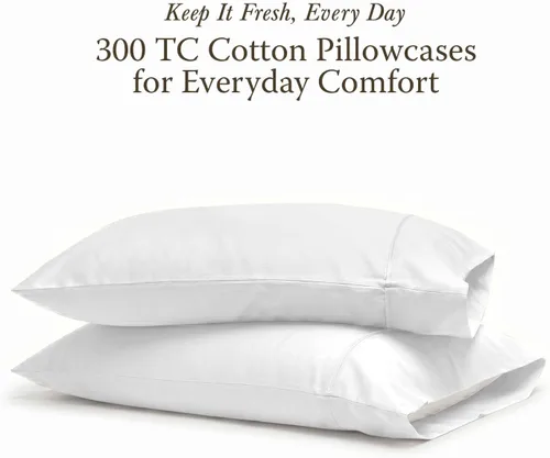 Vista 2 de Threadmill Fundas de almohada tamaño estándar, juego de 2 - 100% algodón puro de 300 hilos, tejido de satén, color blanco, ultra suaves y cómodas