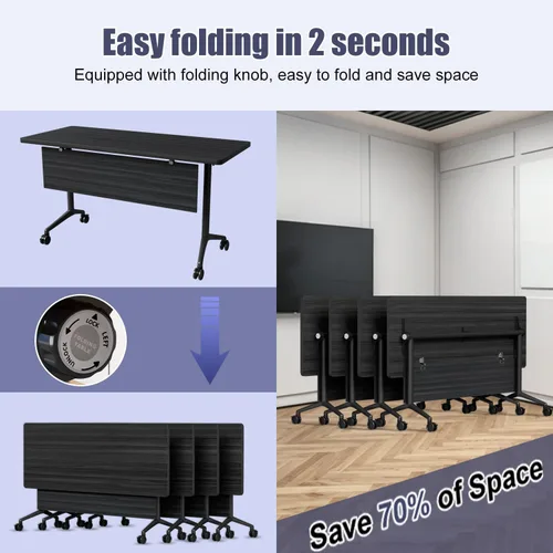 Vista 3 de 2Pack Folding Conference Table, 47.2in Modular Training Table with Wheels Black Sandalwood