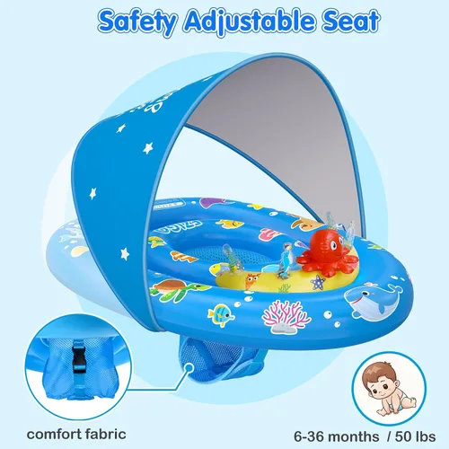 Vista 3 de EZIGO Baby Pool Float with Canopy UPF50+ Sun Protection, Inflatable Kids Pool Floats with Ocean Animal Toys for Baby 6-36 Months, Infant Swimming