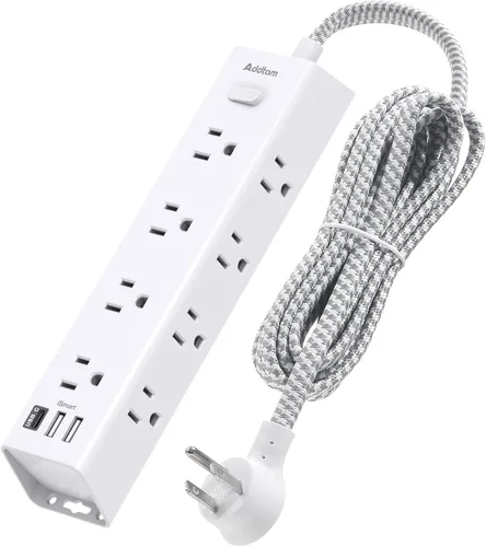 Vista 8 de Regleta protectora de sobretensiones – Cable de extensión de 10 pies, regleta de alimentación con 12 salidas de CA amplias 3 USB, enchufe plano