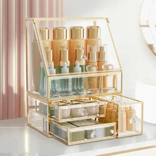 Vista 8 de CoralHouse Organizador de maquillaje, organizador de maquillaje ámbar con cajón, soporte para el cuidado de la piel para encimera de baño, vitrina