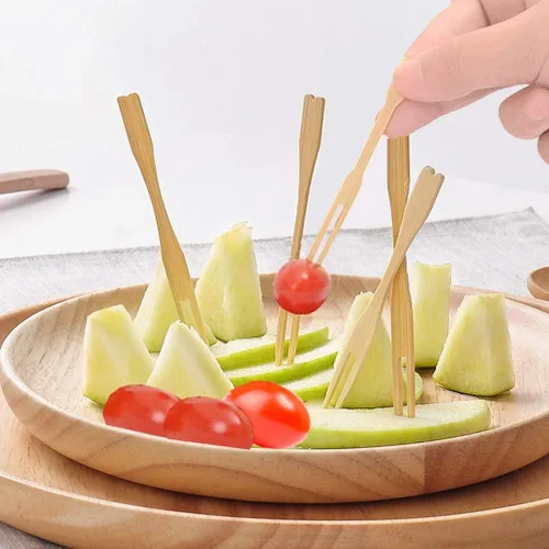 Vista 4 de BetterJonny Paquete de 300 cubiertos desechables de bambú, pinchos de dos puntas, palillos de dientes de extremo romo, mini tenedores de degustación