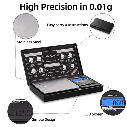 Vista 4 de Báscula de gramos - 500g de precisión ultra precisa digital de 0.01 gramos para joyas, diamantes, oro y plata, báscula de bolsillo portátil