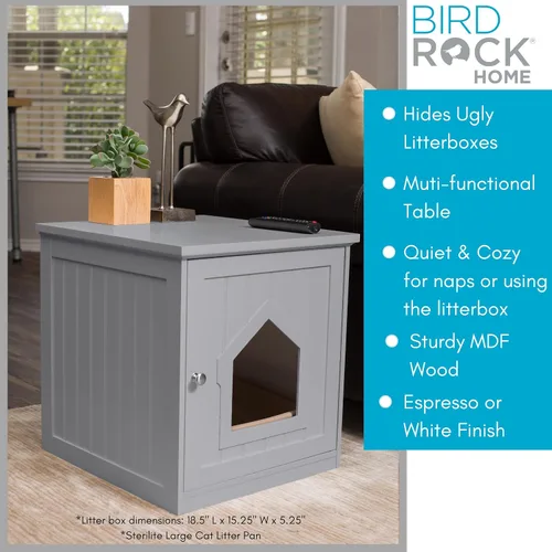 Vista 8 de BIRDROCK HOME Casa decorativa para gatos y mesa auxiliar Mesita de noche gris Caja de interior para mascotas Recinto para caja de arena Caja