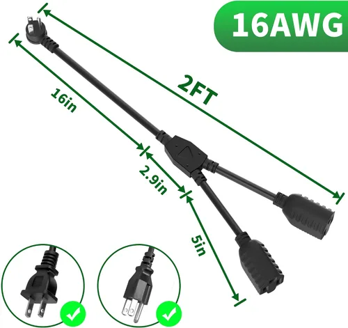 Vista 2 de Elecan Cable de Extensión de Alimentación Divisor en Y de 3 Clavijas 2 Pies/Paquete de 2, Enchufe Plano Angulado de 45 Grados Salida de 1 a 2 Vías