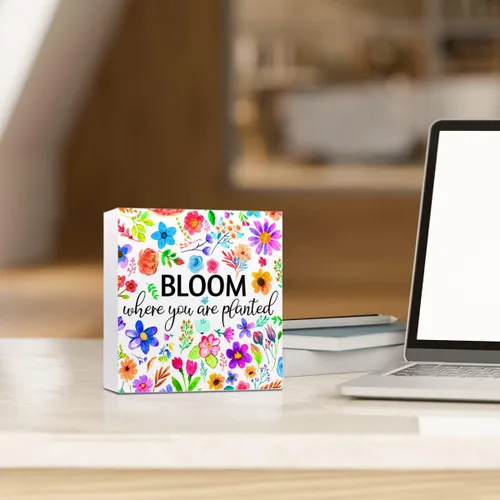 Vista 5 de Decoración de escritorio de primavera, letrero de madera con texto en inglés "Bloom Where You Are Planted", decoración de escritorio de flores