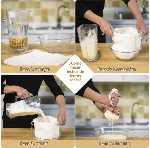 Vista 4 de 3 bolsas de leche de nuez de 12 x 12 pulgadas, 100% algodón sin blanquear, colador de alimentos reutilizable para colar leche de almendra/avena