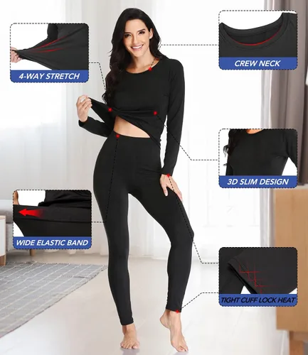 Vista 3 de Conjunto de ropa interior térmica para mujer con forro polar ligero y ultrasuave, conjunto de John largo, capa base de esquí