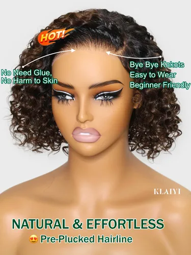 Vista 4 de KLAIYI Bye Bye Slip™ - Pelucas de cabello humano con encaje frontal 7x5, color marrón castaño degradado, rizado, sin pegamento, precortadas de 7 x