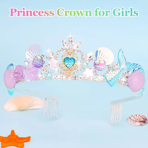 Vista 7 de CIEHER Corona de sirena, banda de cumpleaños, diadema de conchas para niñas, decoración de fiesta de sirena