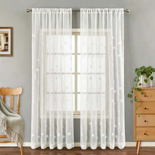 Vista 10 de VOGOL Cortinas transparentes con patrón de hojas bordadas, paneles de ventana blancos con ribete de encaje para sala de estar y dormitorio, cortinas