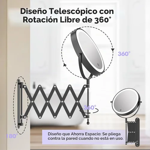 Vista 5 de 8" recargable montado en la pared espejo de maquillaje aumento echado a un Negro