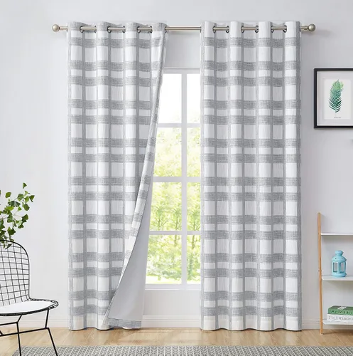 Vista 10 de Central Park Cortina opaca a cuadros blancos y grises para ventana, panel geométrico para dormitorio, sala de estar, con ojales en la parte Gris